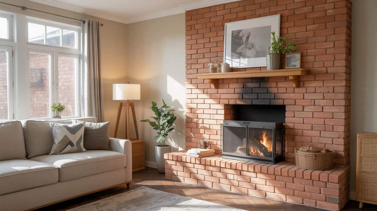 The use of gray-painted tiles on this fireplace all definitely