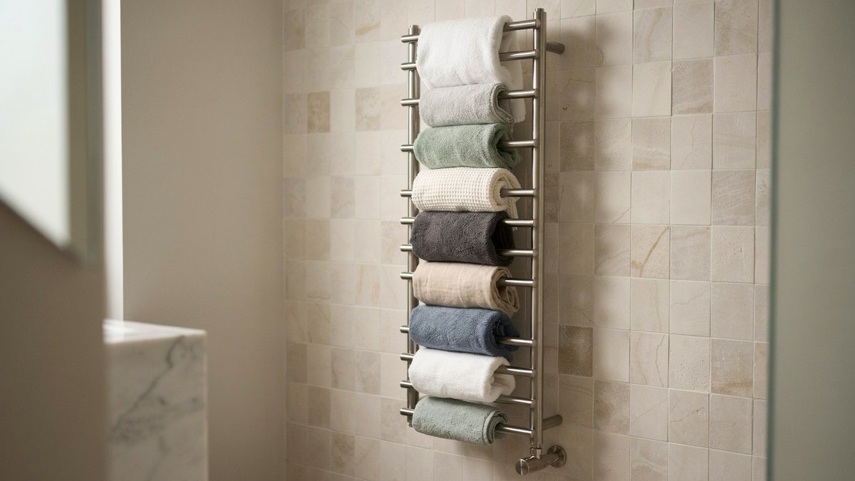 Wall mounted nine bar towel warmer holding white sage grey and blue towels