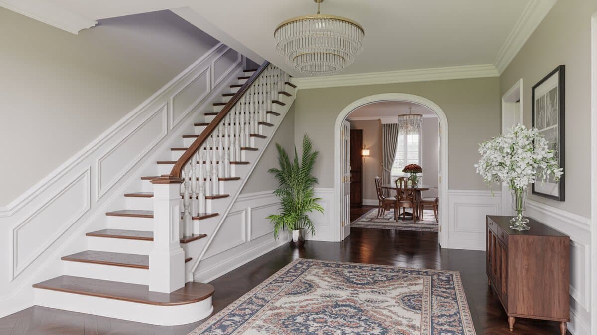 Traditional formal foyer with straight staircase and white balusters and dark wood handrail with wainscoting