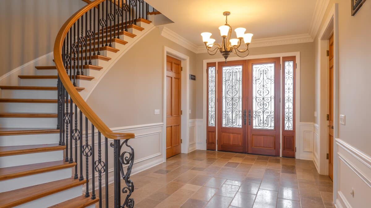 Traditional foyer with curved staircase and ornate wrought iron balusters on travertine floor