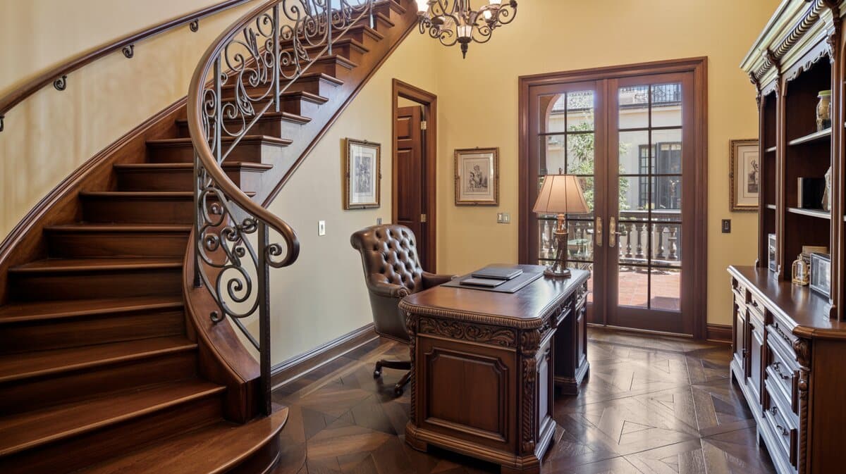 Traditional home office with ornate wrought iron spiral staircase and scrolled balusters by leather desk