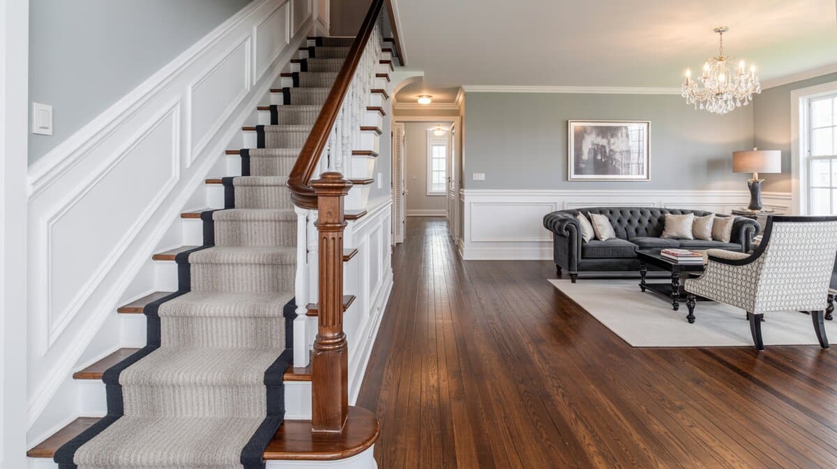 Traditional transitional living room with carpeted staircase featuring dark wood handrail and white balusters