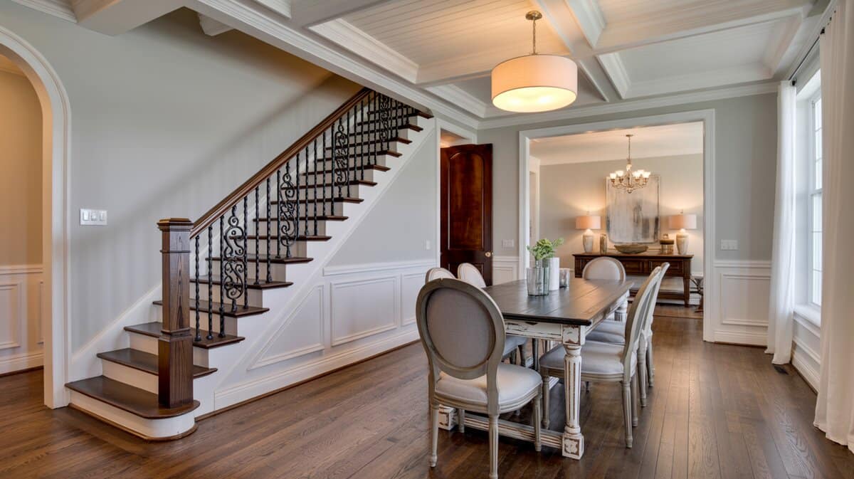 Transitional dining room with staircase featuring black iron balusters and white wainscoting coffered ceiling