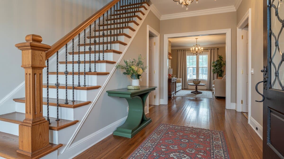 Transitional home foyer with straight staircase oak handrail and black twisted metal balusters