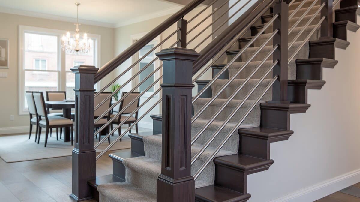 Transitional home staircase with dark newel posts and horizontal chrome stainless steel railings with wood top rail