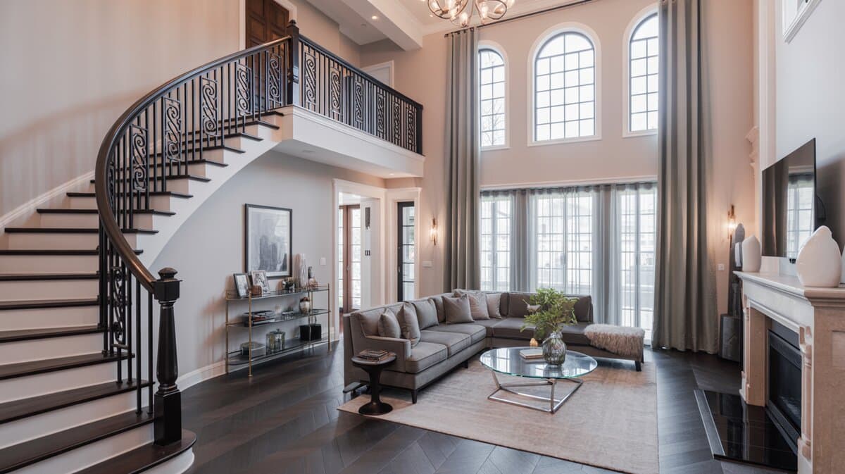 Transitional luxury living room with curved staircase and geometric wrought iron balusters and arched windows