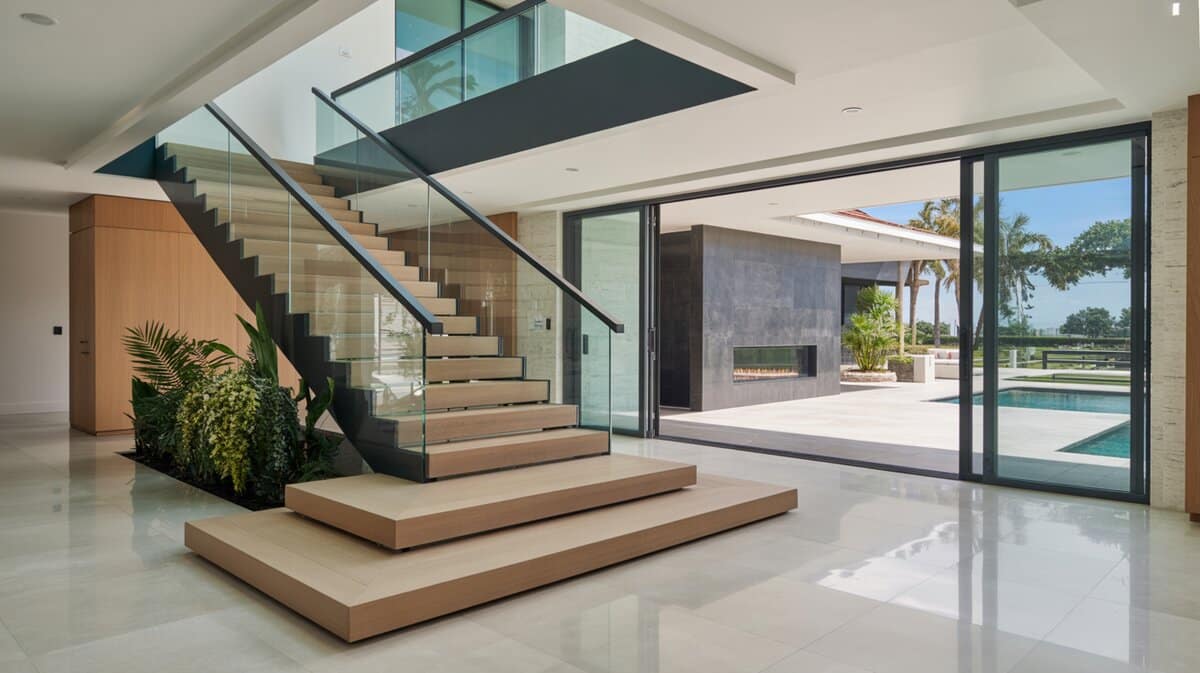 Ultra-modern luxury home with floating oak steps and floor-to-ceiling glass balusters with pool view