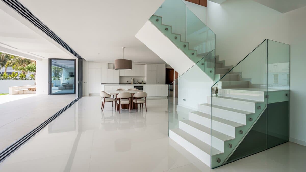 Ultra-modern open plan home corner staircase with frosted glass panels and white kitchen