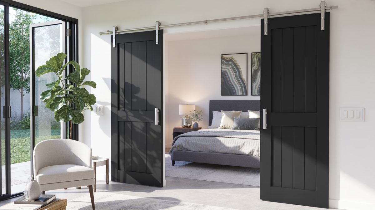 Double black flat-panel barn doors on chrome rail in a bright room with a fiddle leaf fig plant opening to a gray upholstered bedroom