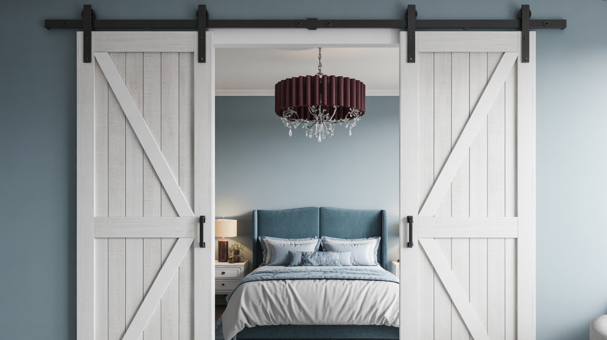 Double whitewashed Z-brace barn doors on black rail opening to a blue-gray bedroom with a crystal drum chandelier and teal upholstered headboard
