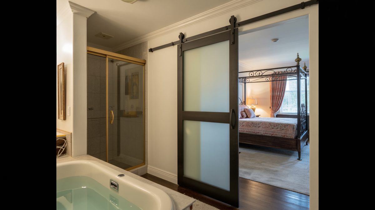 Single frosted glass sliding barn door in dark frame opening to a master bathroom with a soaking tub and ornate iron canopy bed visible