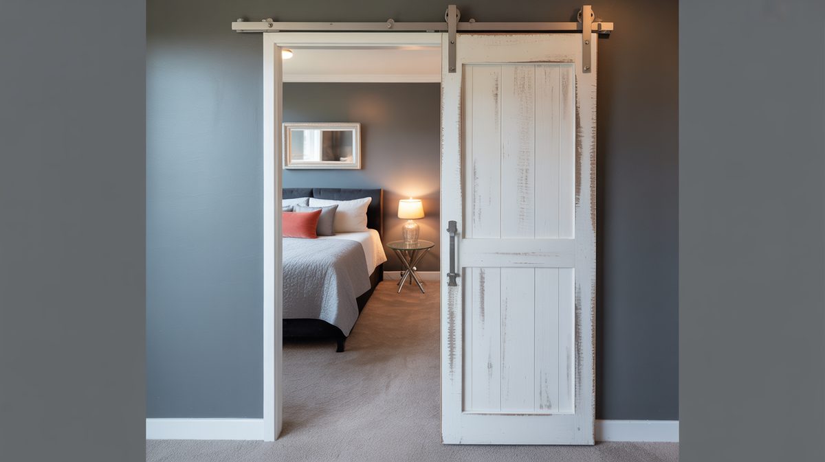 Single whitewashed distressed barn door on chrome rail in a gray bedroom with teal upholstered headboard and coral accent pillows