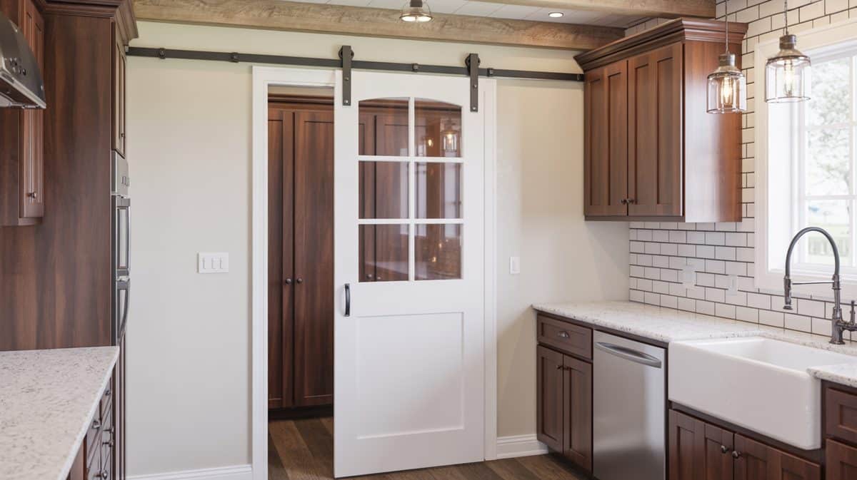 Single white glass-panel pantry sliding barn door in a dark walnut kitchen with white subway tile backsplash and farmhouse apron sink