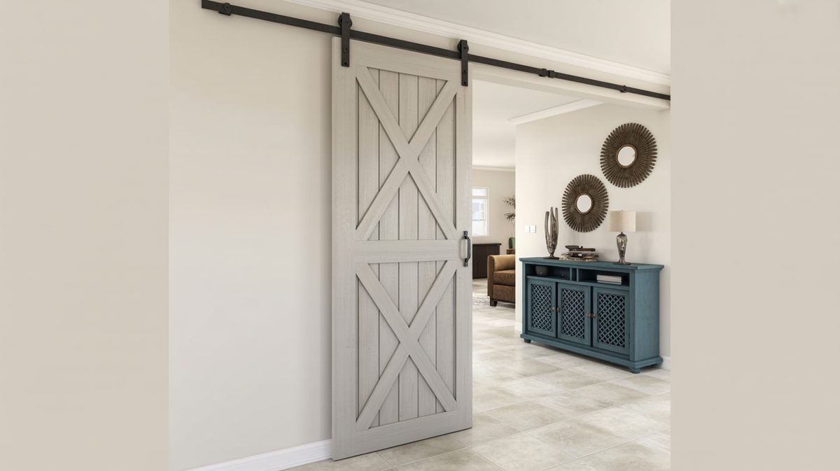 Single gray X-brace sliding barn door in a bright foyer hallway beside a teal cabinet console with decorative sunburst mirrors on the wall