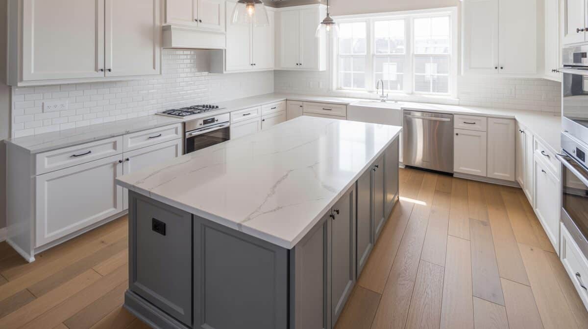 Bright white cabinet kitchen with gray island and veined Cambria quartz countertop