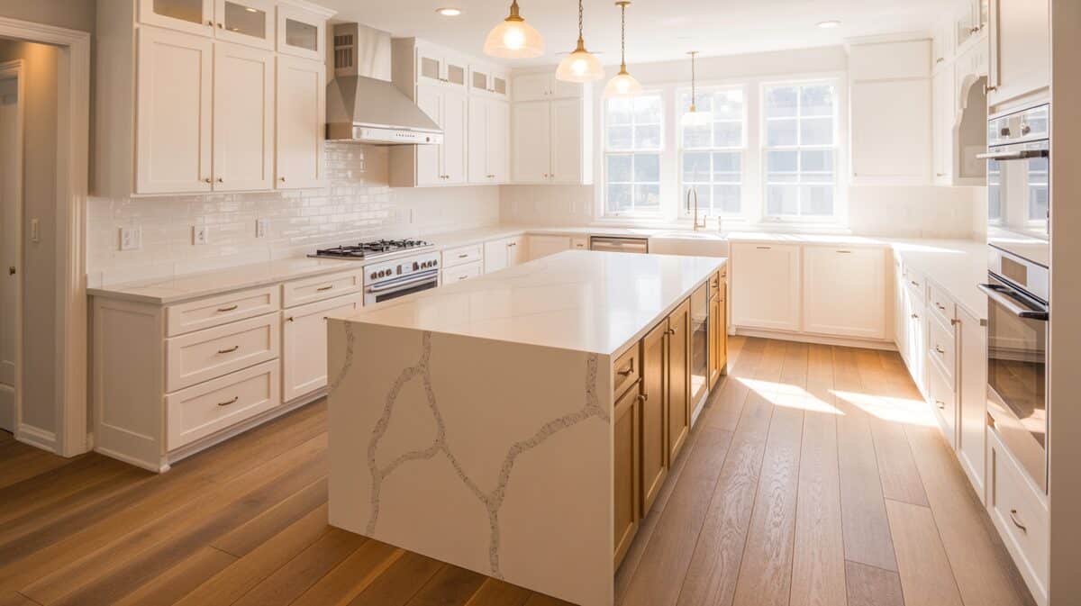 White kitchen featuring waterfall Cambria quartz island over warm wood plank flooring