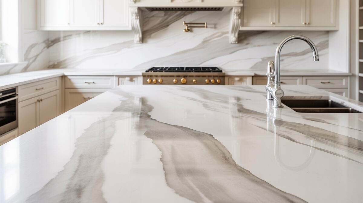Brittanicca Cambria quartz island with flowing gray veining and marble backsplash