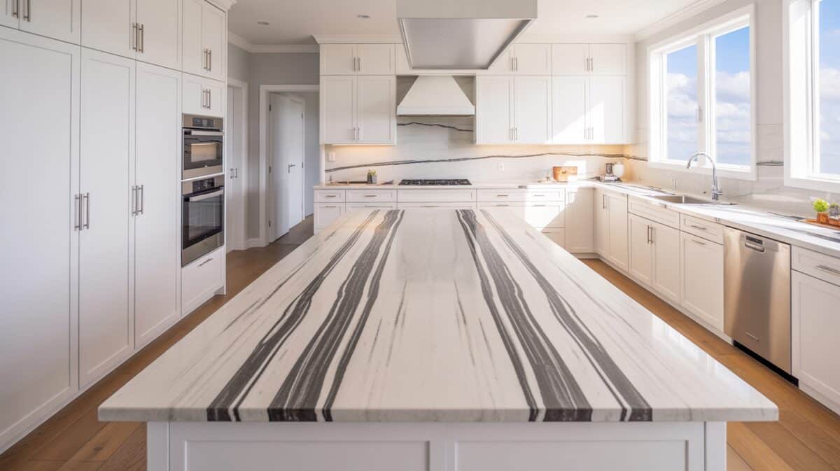 Summerhill quartz island showing bold dark gray streaks against white cabinetry