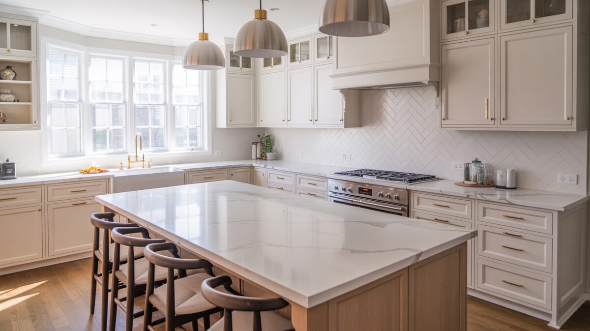 Torquay Cambria quartz island with gray marbling, wood barstools and herringbone tile