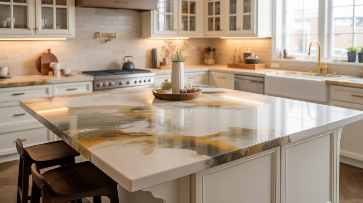Berwyn Cambria quartz counter with earthy cream, gold and taupe marbling