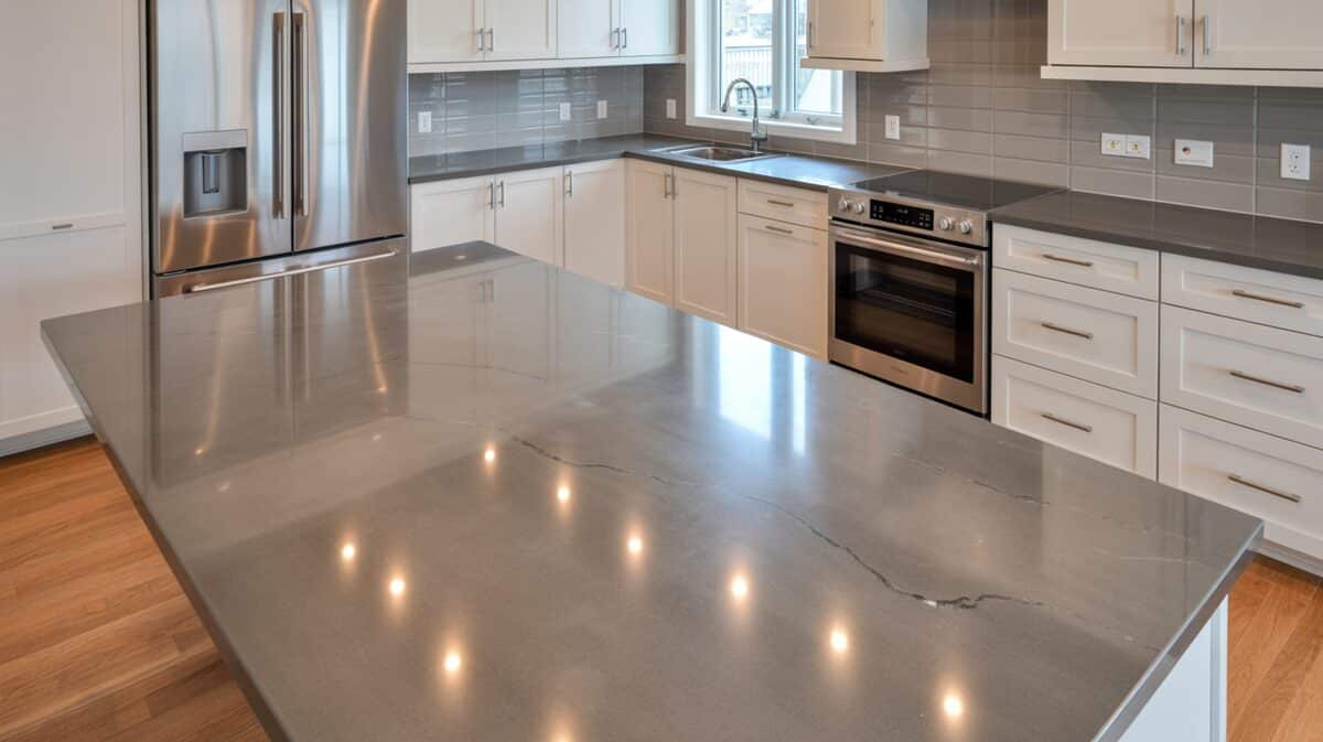L-shaped kitchen with gray Cambria quartz counters and crisp white cabinets