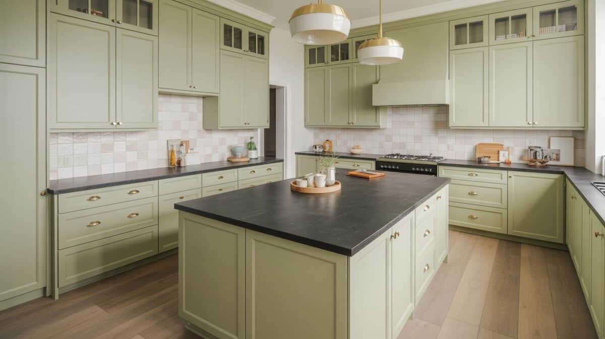 Sage green cabinets paired with a black Cambria quartz island countertop