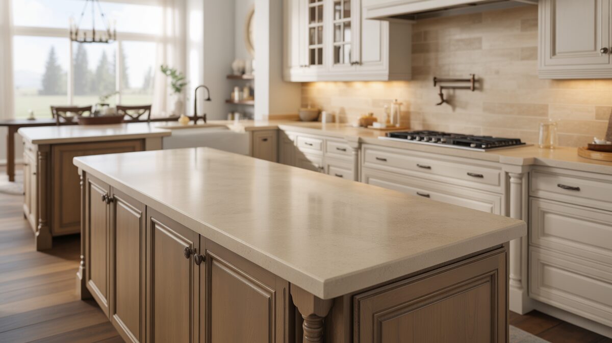 Beige medium tone Cambria quartz countertop on a warm wood kitchen island