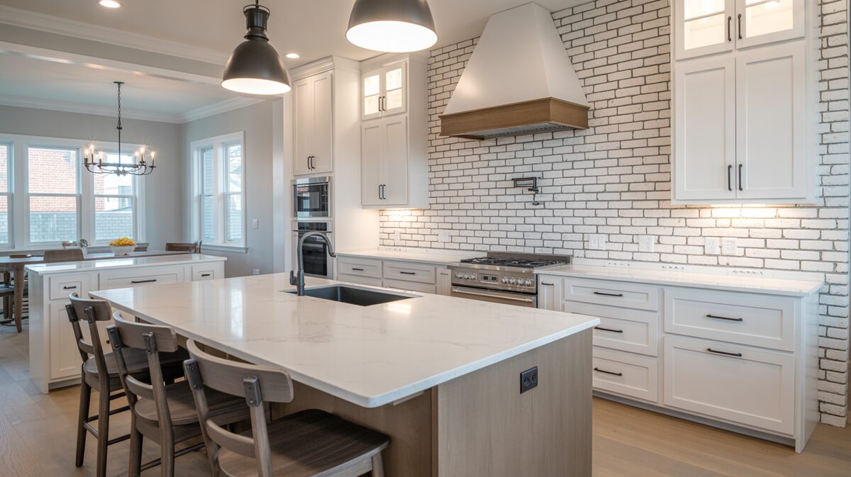 White Cambria quartz island set against an exposed white brick backsplash