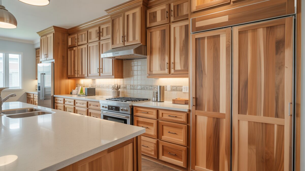 Hickory wood cabinets contrasting with bright white Cambria quartz island counters