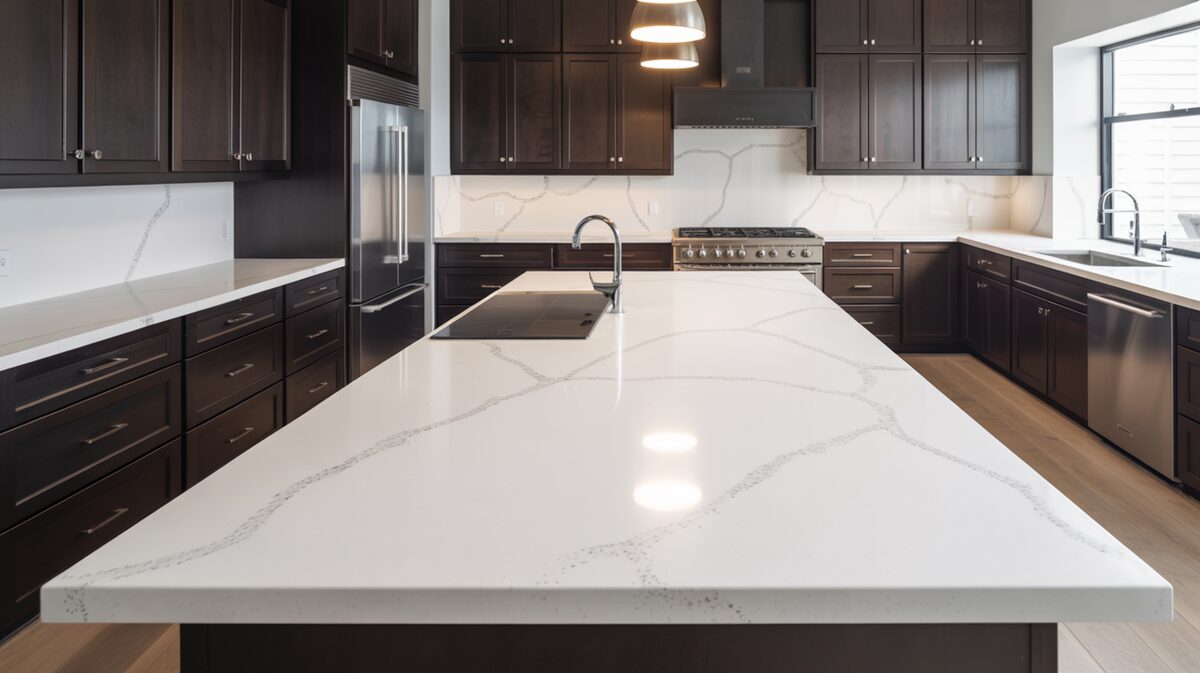 Dark charcoal cabinets framing a white veined Cambria quartz island