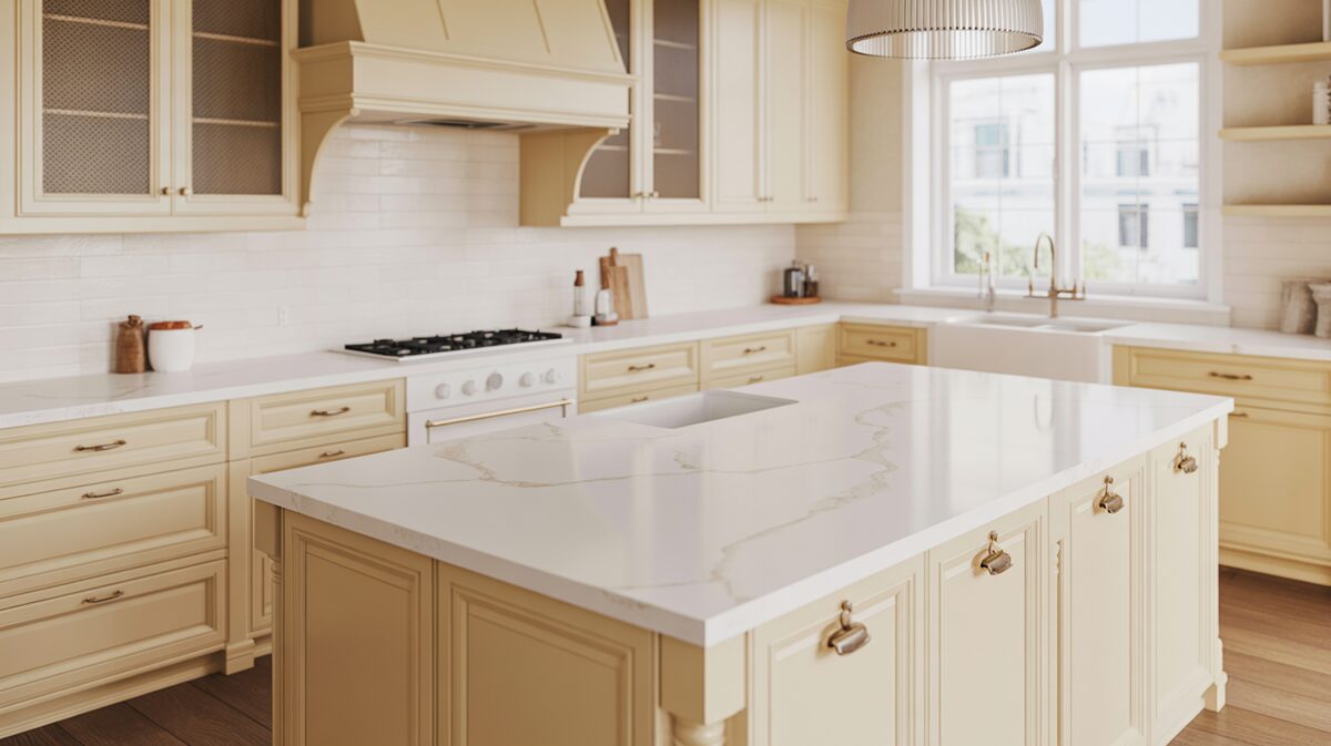 Off-white cabinets with a gently veined white Cambria quartz island top