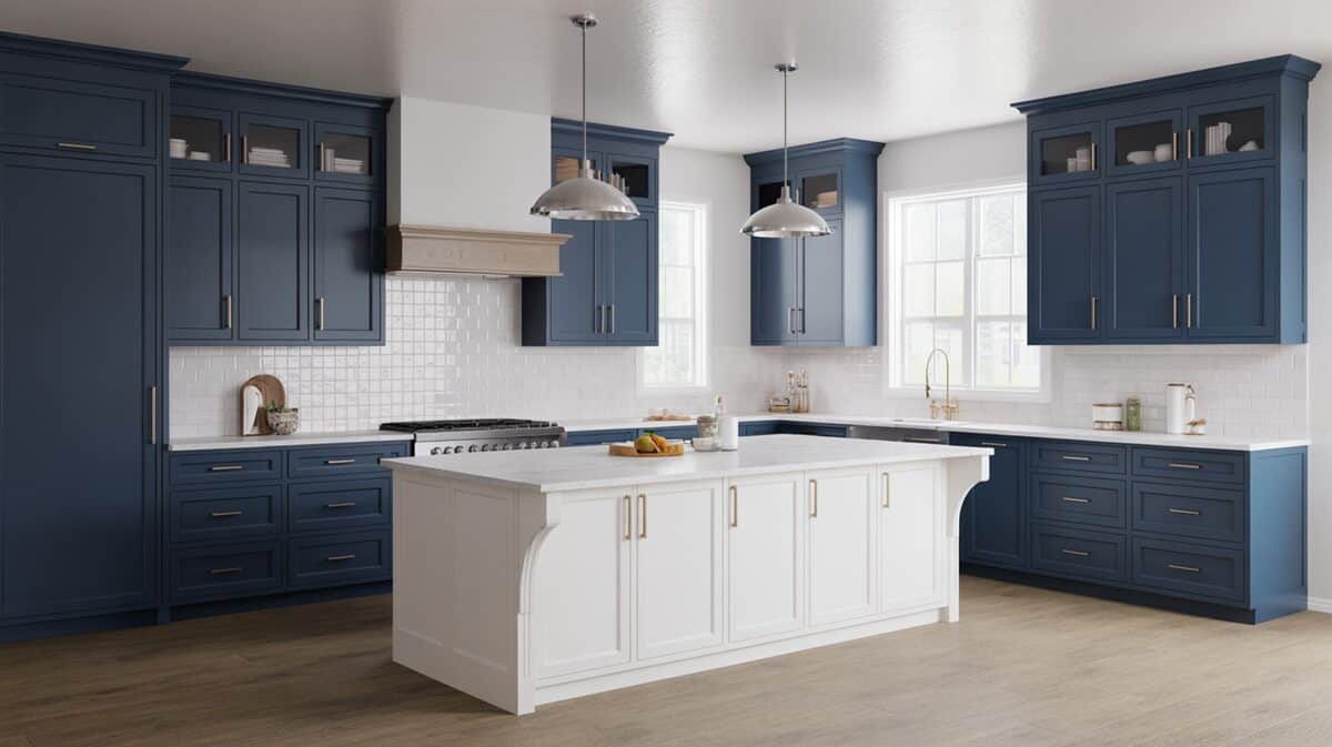 Navy blue cabinets and a white island topped with Cambria quartz
