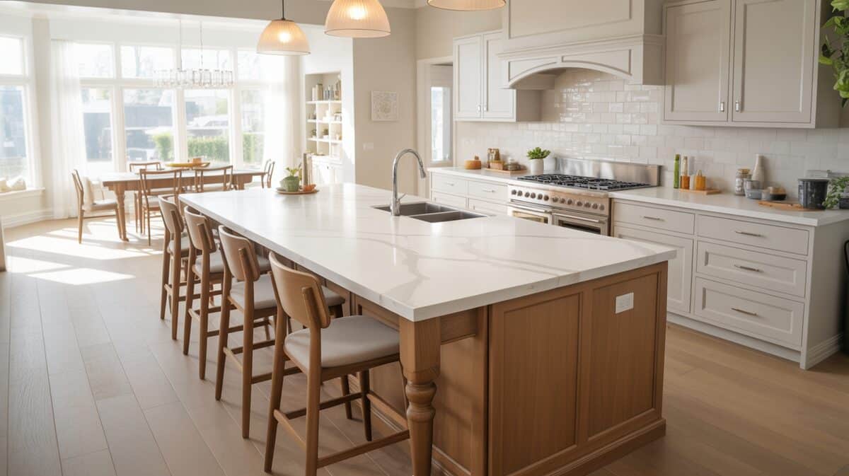 Large wood island with white Cambria quartz countertop and barstool seating