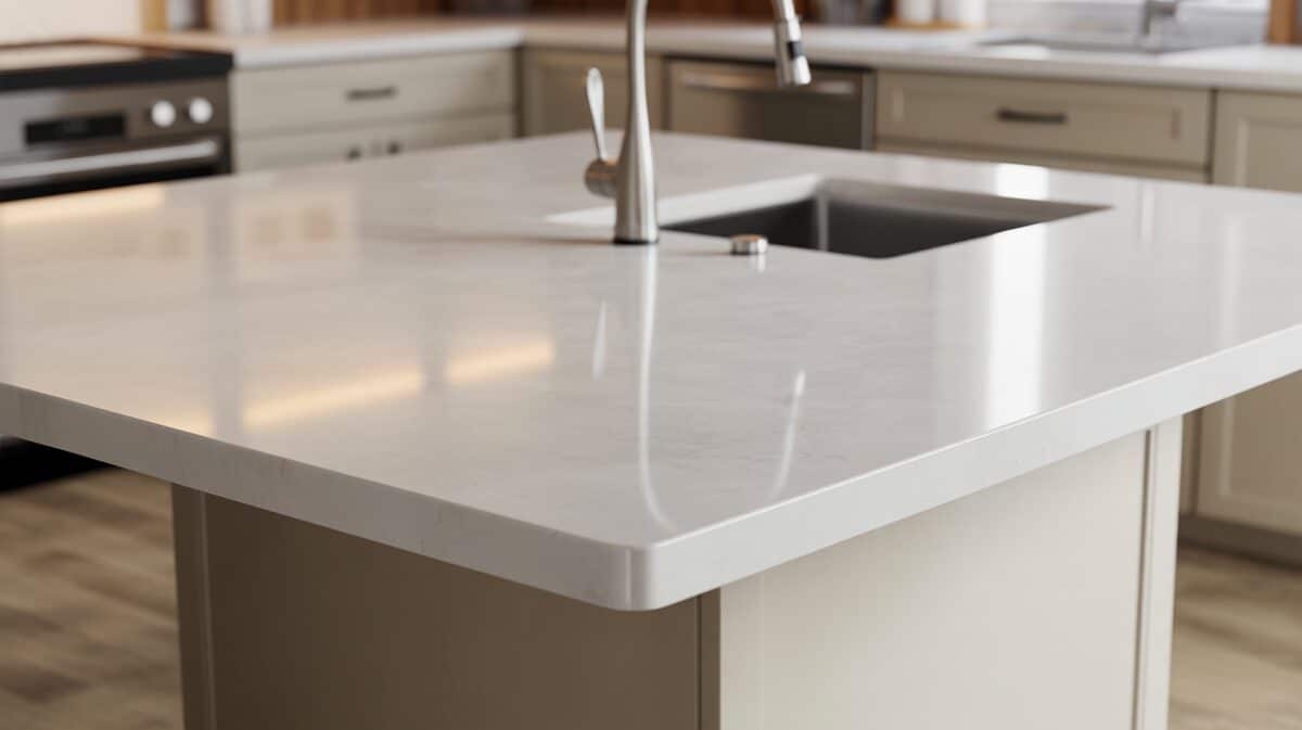 Close view of a Cambria quartz island with undermount sink and faucet