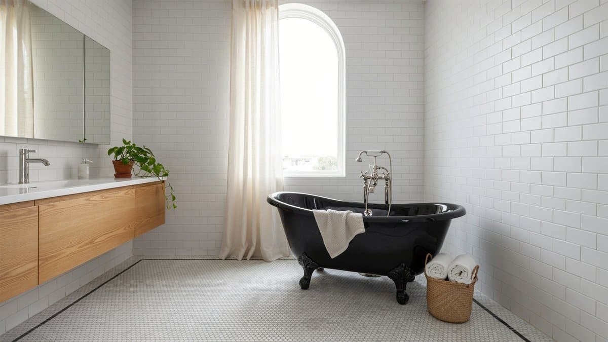 Bathroom pairing white penny tile floor in black grout with subway tile walls