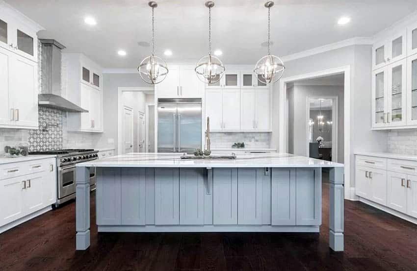 Beautiful kitchen with white cabinets grey island cambria quartz counters