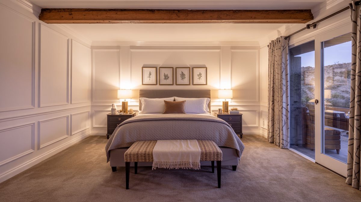 Master bedroom with a single rough timber accent beam above white wainscoting panels and an upholstered bed