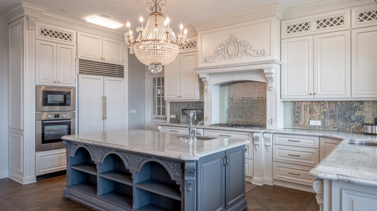 Blue teal kitchen with pipe-mounted wood open shelves