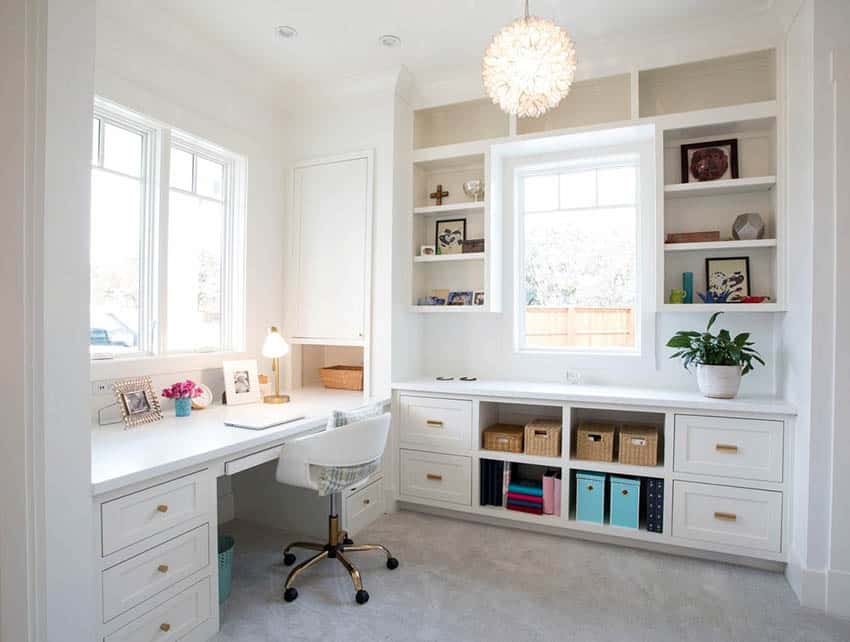 Custom wall storage and desk in crafts room