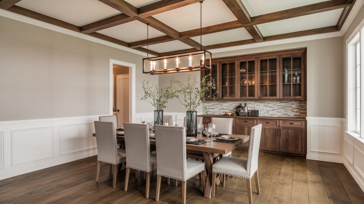 Coffered beam grid ceiling over a dining table with nailhead chairs and a linear candle chandelier