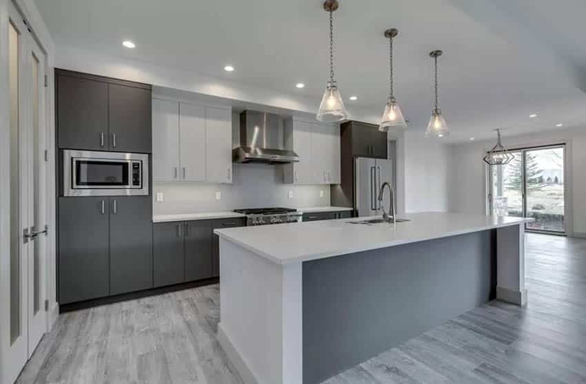 Contemporary kitchen with black and white cabinets white counters