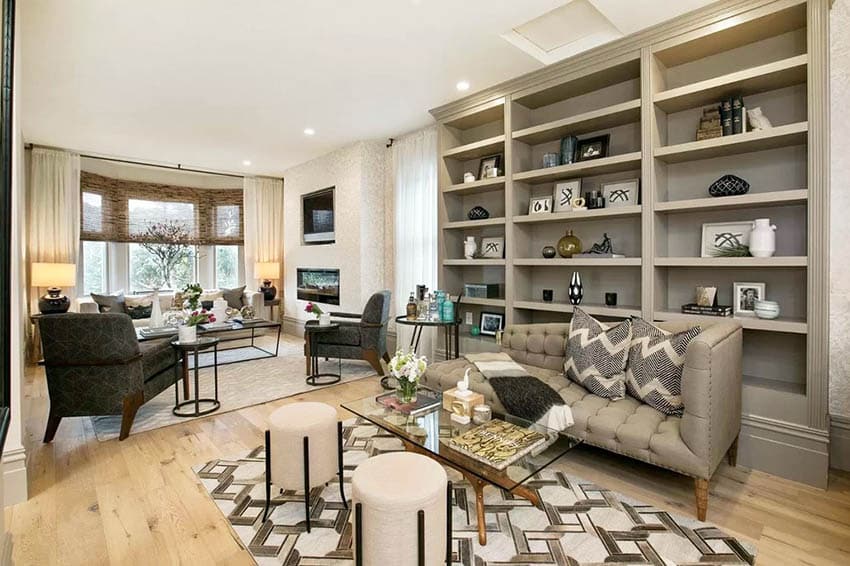 Contemporary living room with custom built in bookshelves