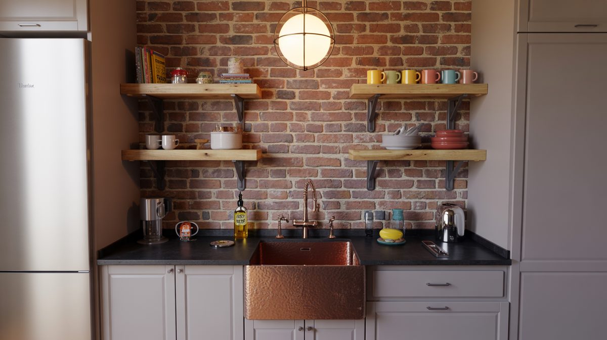 Contemporary white kitchen with wire track open shelving and black pendants