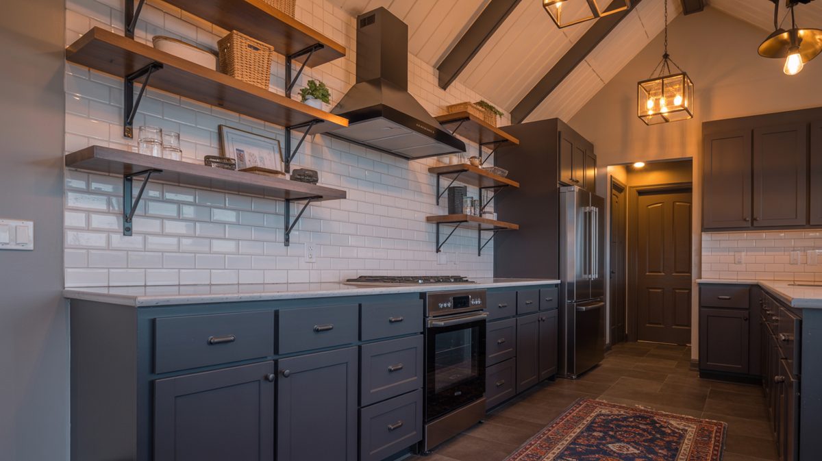 Corner open shelving in L-shape kitchen with navy base cabinets and white ceramics