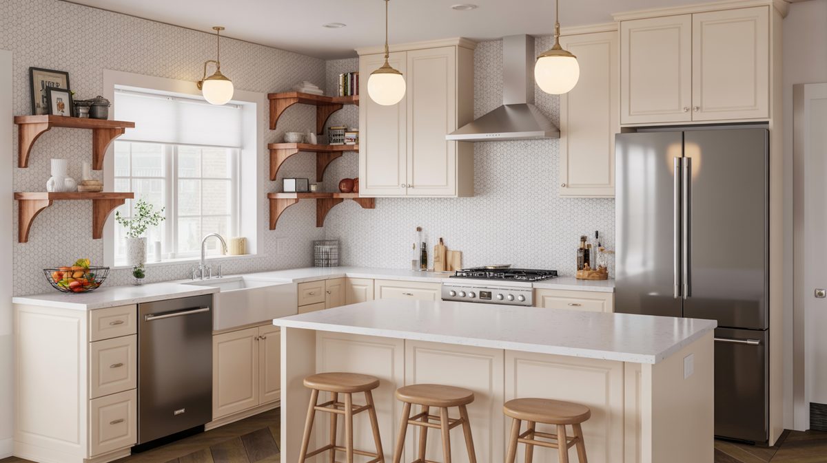 Country white kitchen with doorless upper cabinets, crockery and farmhouse decor