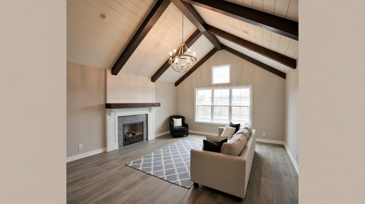 Vaulted shiplap ceiling with dark espresso beams above a fireplace, orb chandelier, and beige sofa on a trellis rug