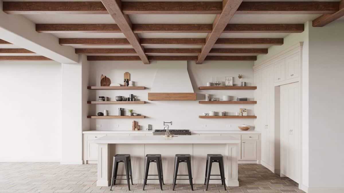 Dark charcoal kitchen with doorless upper cabinets, mason jars and stone backsplash
