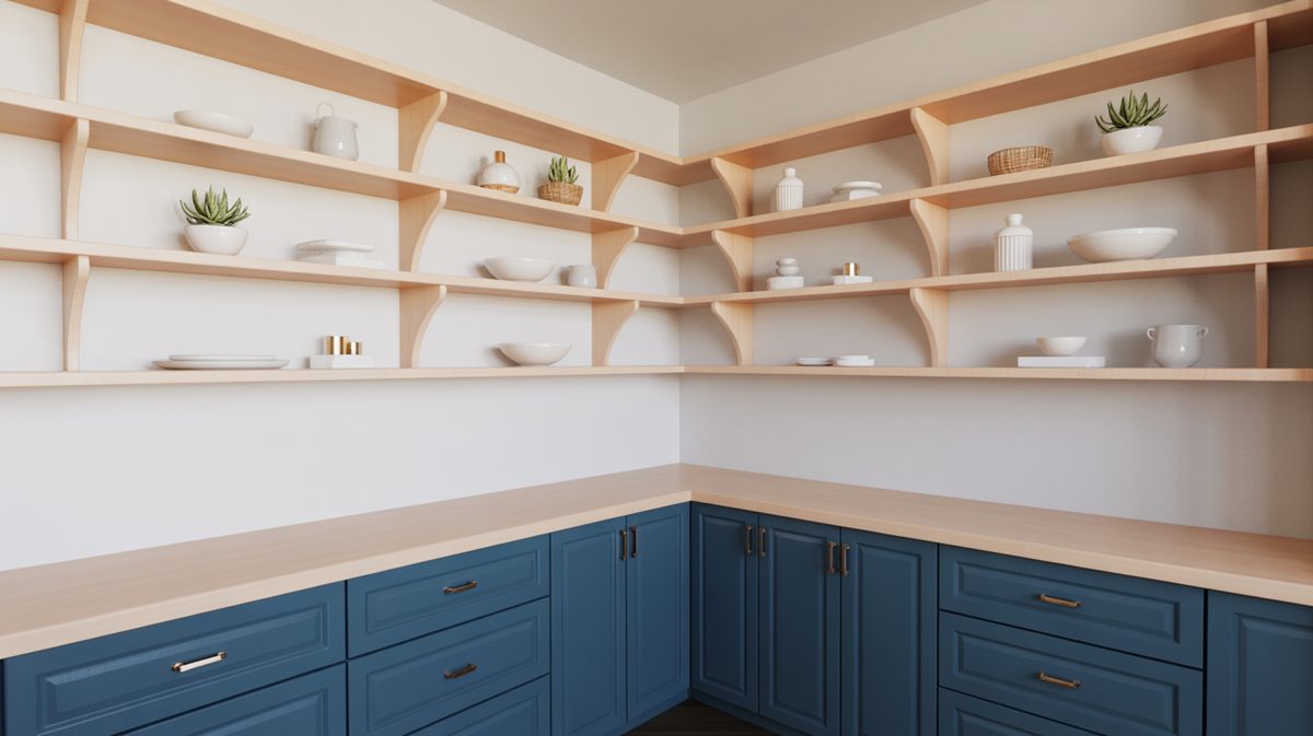 Dark gray kitchen with wood open shelves, vaulted ceiling and lantern lights