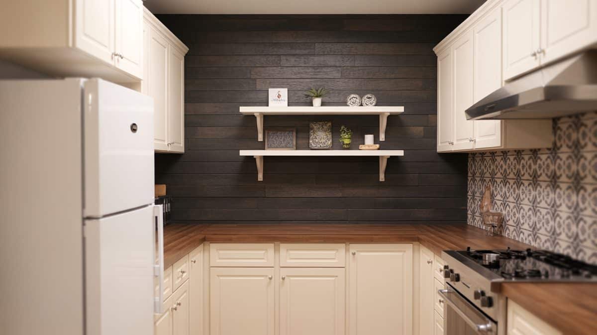 Dark navy long kitchen with lengthy island, open shelves and industrial pendants
