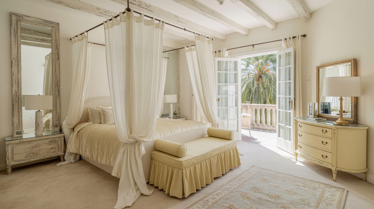 Cream bedroom with whitewashed beam ceiling, sheer canopy drapes around the bed, and French doors to a palm balcony